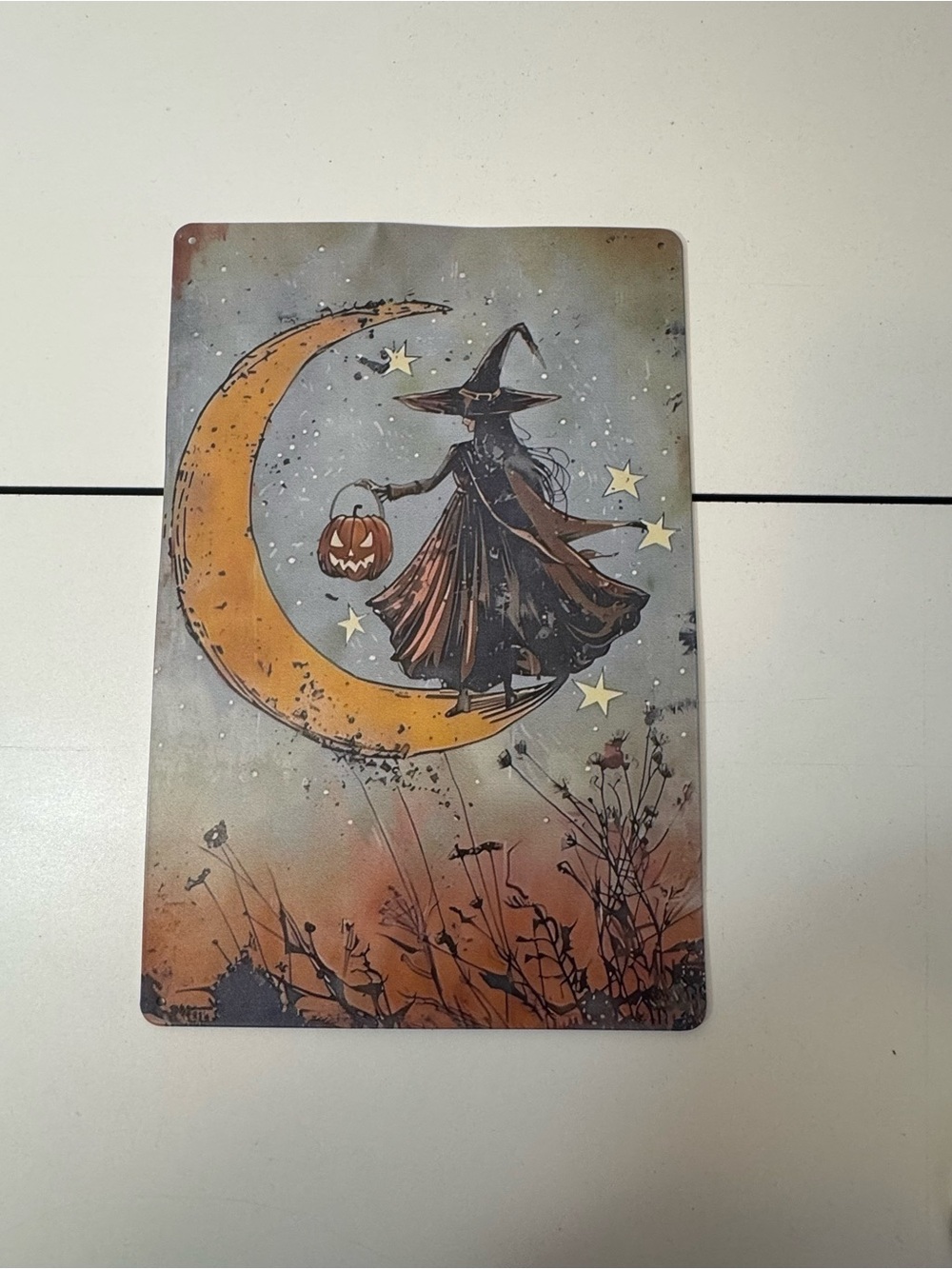 Halloween Witch on Crescent Moon Metal Wall Art